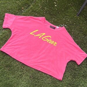 80s LA gear Sz Sm vintage neon bright Pink T-Shirt crop top neon yellow LAGEAR